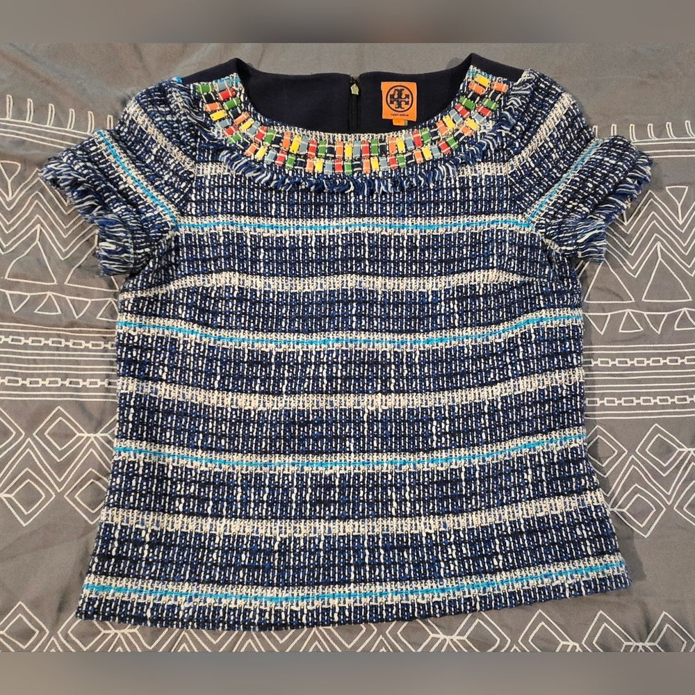 Tory Burch Blue Multicolor Embellished Blouse